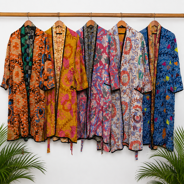 5 Pcs Vintage Kantha Kimono Robe Wholesale Lot, Handmade Patchwork Cotton Long Jacket, Colorful Boho Recycled Sari Robes, Assorted Kantha Coat