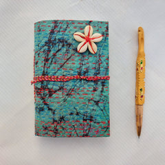 Handmade Vintage Kantha Journal with Shell Flower, Recycled Sari Fabric Notebook 4 Pcs, Boho Diary with Wooden Pen, Indian Handmade Gift