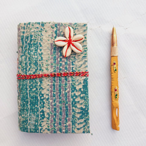 Handmade Vintage Kantha Journal with Shell Flower, Recycled Sari Fabric Notebook 4 Pcs, Boho Diary with Wooden Pen, Indian Handmade Gift