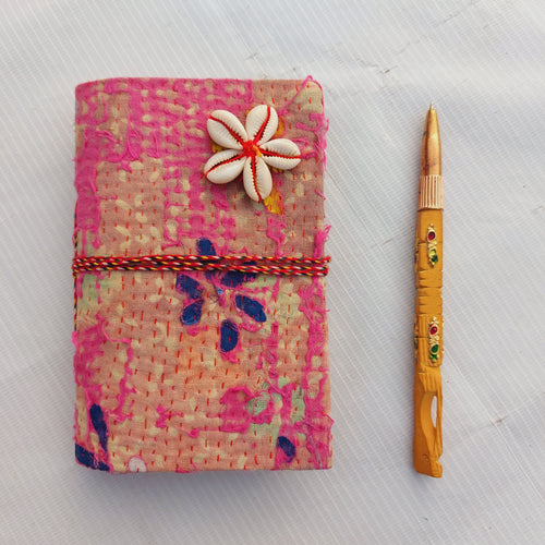 Handmade Vintage Kantha Journal with Shell Flower, Recycled Sari Fabric Notebook 4 Pcs, Boho Diary with Wooden Pen, Indian Handmade Gift