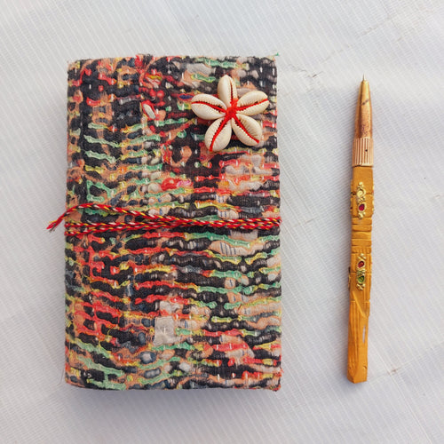 Handmade Vintage Kantha Journal with Shell Flower, Recycled Sari Fabric Notebook 4 Pcs, Boho Diary with Wooden Pen, Indian Handmade Gift