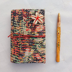 Handmade Vintage Kantha Journal with Shell Flower, Recycled Sari Fabric Notebook 4 Pcs, Boho Diary with Wooden Pen, Indian Handmade Gift