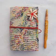 Vintage Kantha Fabric Journal with Shell Flower Closure, Handmade Recycled Sari Notebook 4 Pcs, Boho Diary, Indian Patchwork Journal, Unique Gift