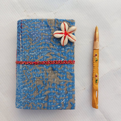 Vintage Kantha Fabric Journal with Shell Flower Closure, Handmade Recycled Sari Notebook 4 Pcs, Boho Diary, Indian Patchwork Journal, Unique Gift