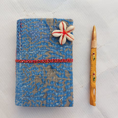 Vintage Kantha Fabric Journal with Shell Flower Closure, Handmade Recycled Sari Notebook 4 Pcs, Boho Diary, Indian Patchwork Journal, Unique Gift