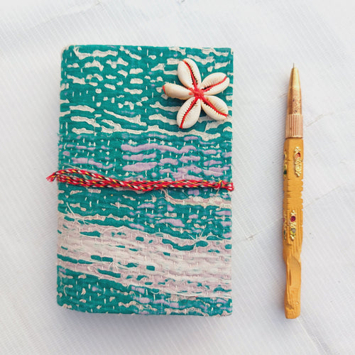 Vintage Kantha Fabric Journal with Shell Flower Closure, Handmade Recycled Sari Notebook 4 Pcs, Boho Diary, Indian Patchwork Journal, Unique Gift