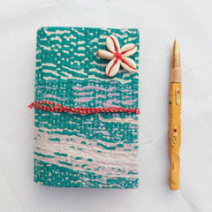 Vintage Kantha Fabric Journal with Shell Flower Closure, Handmade Recycled Sari Notebook 4 Pcs, Boho Diary, Indian Patchwork Journal, Unique Gift
