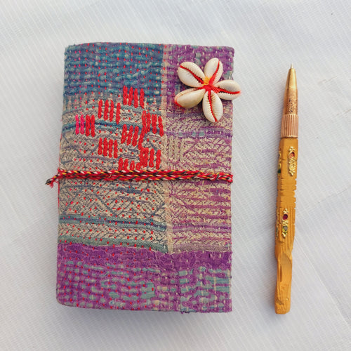 Vintage Kantha Fabric Journal with Shell Flower Closure, Handmade Recycled Sari Notebook 4 Pcs, Boho Diary, Indian Patchwork Journal, Unique Gift