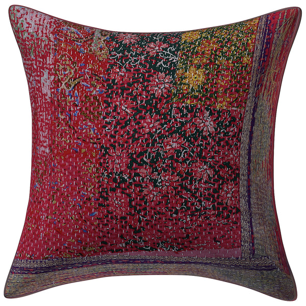 Vintage Kantha Patchwork Pillow Cover 18x18 inches, Recycled Sari Cushion Cover, Handmade Indian Throw Pillow, Boho Rustic Home Decor
