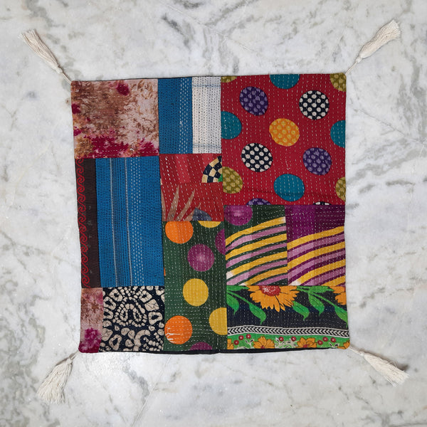 Vintage Kantha Patchwork Pillow Cover 18x18 inches, Colorful Boho Cushion Cover, Recycled Sari Cotton Throw Pillow, Indian Home Decor
