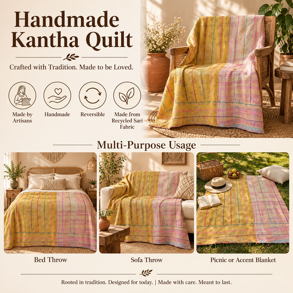 Mustard Yellow & Pink Vintage Kantha Quilt Handmade Reversible Cotton Throw Blanket – 65x90 Inches