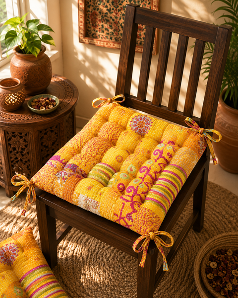 Vintage Kantha handmade Yellow Patchwork chair pad Cushion Pad 15x15 Inch 1 Pcs
