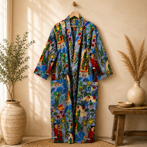 Handmade Cotton Kimono Robe for Women | Boho Floral Blue Kimono | Lightweight Cotton Lounge Robe | Beach Cover Up | Free Size