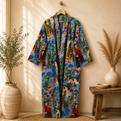 Handmade Cotton Kimono Robe for Women | Boho Floral Blue Kimono | Lightweight Cotton Lounge Robe | Beach Cover Up | Free Size