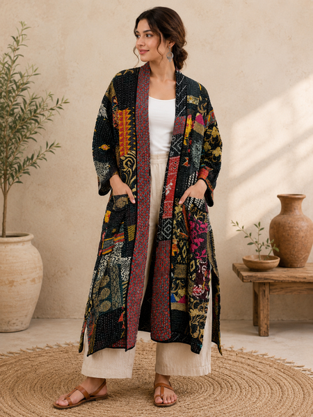 Vintage Kantha Black Patchwork Handmade Cotton Kimono Robe One Size 1 Pcs