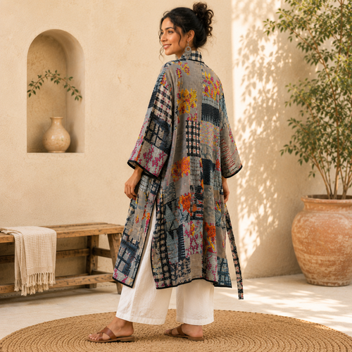 Gray Patchwork Bath Robe | Vintage Kantha Cotton Kimono | Cotton Robe Night Wear Suit | Long Robe