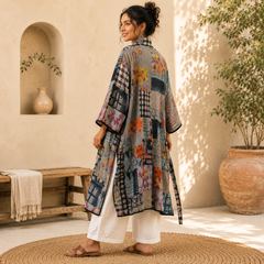 Gray Patchwork Bath Robe | Vintage Kantha Cotton Kimono | Cotton Robe Night Wear Suit | Long Robe