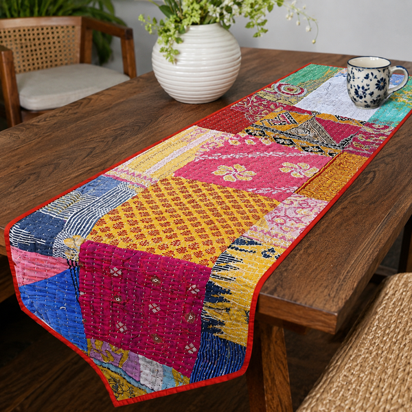 Vintage Kantha Patchwork Table Runner – Handmade Quilted Cotton Dining Table Decor