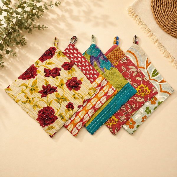 Vintage Kantha Pot Holders Set of 5, Handmade Quilted Hot Pads, Recycled Sari Trivets, Colorful Indian Patchwork Kitchen Decor