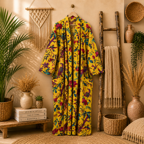 Women's Cotton Yellow Floral Bird Print Long Kimono Robe | Boho Open Front Lightweight Cardigan with Pockets