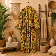 Women's Cotton Yellow Floral Bird Print Long Kimono Robe | Boho Open Front Lightweight Cardigan with Pockets
