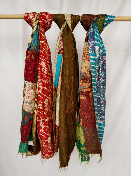 Indian Handmade Set Of 5  Vintage Patchwork Kantha Silk Scarves