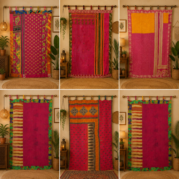 Pink Kantha Patchwork Curtain, Vintage Recycled Sari Door Curtain, Handmade Boho Window Panel, Indian Cotton Tapestry, Assorted Decor