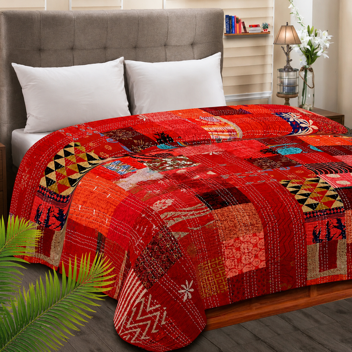 Red Silk Patchwork Quilt - Hand-Stitched, Opulent Home Decor