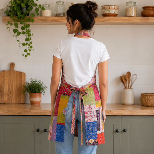 Vintage Kantha Patchwork Apron – Handmade Recycled Cotton Kitchen Apron with Pockets | Boho Cooking Apron