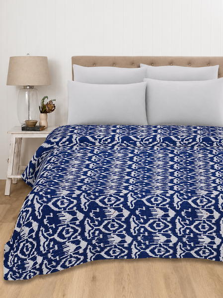Blue Handmade Cotton Quilt Ikat Print Bedsheet
