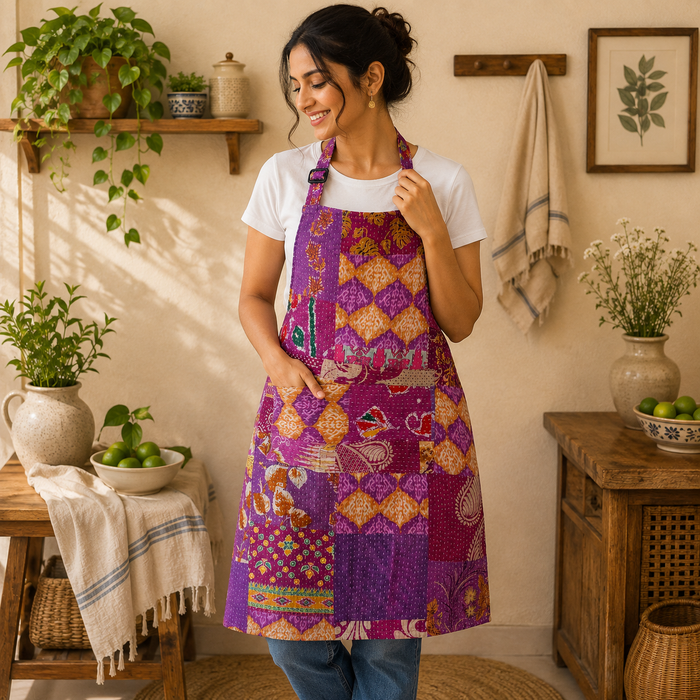 Vintage Kantha Patchwork Apron 1 Pc, Purple Cotton Cooking Apron, Handmade Boho Kitchen Apron, Recycled Sari Adjustable Apron with Pocket