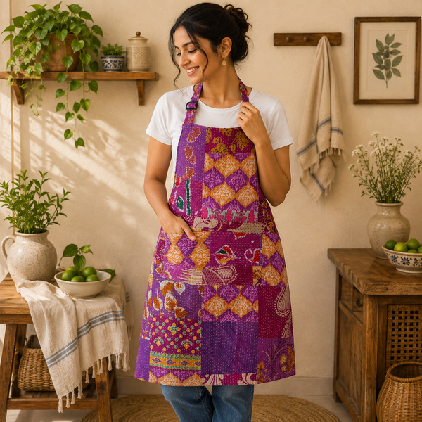 Vintage Kantha Patchwork Apron 1 Pc, Purple Cotton Cooking Apron, Handmade Boho Kitchen Apron, Recycled Sari Adjustable Apron with Pocket