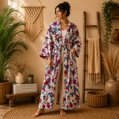 Women's Cream Cotton Bird & Floral Print Long Kimono Robe | Boho Lightweight Open Front Duster Cardigan with Belt & Pockets