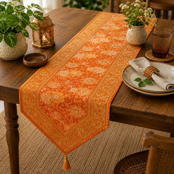 Handmade Silk Table Runner | Orange Floral Silk Table Runner with Tassel | Luxury Dining Table Decor | Indian Wedding Table Linen