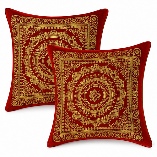 5 Pcs Mandala Ethnic Brocade Maroon And Gold Pillow Covers 16x16 Inch