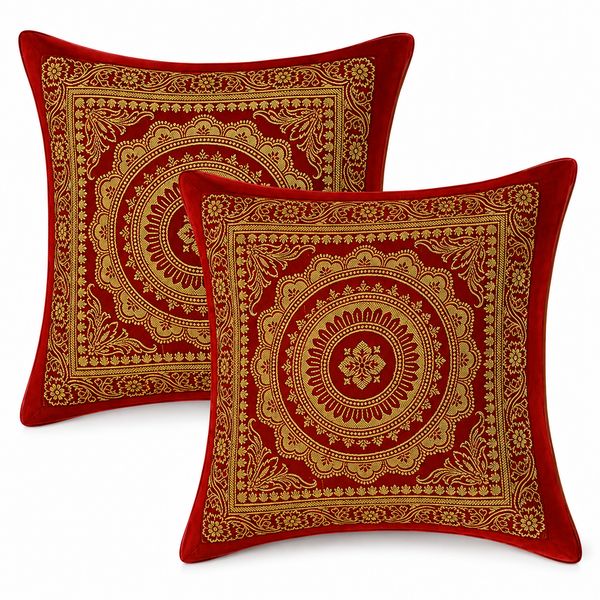 5 Pcs Mandala Ethnic Brocade Maroon And Gold Pillow Covers 16x16 Inch