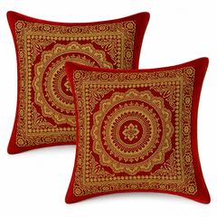 5 Pcs Mandala Ethnic Brocade Maroon And Gold Pillow Covers 16x16 Inch