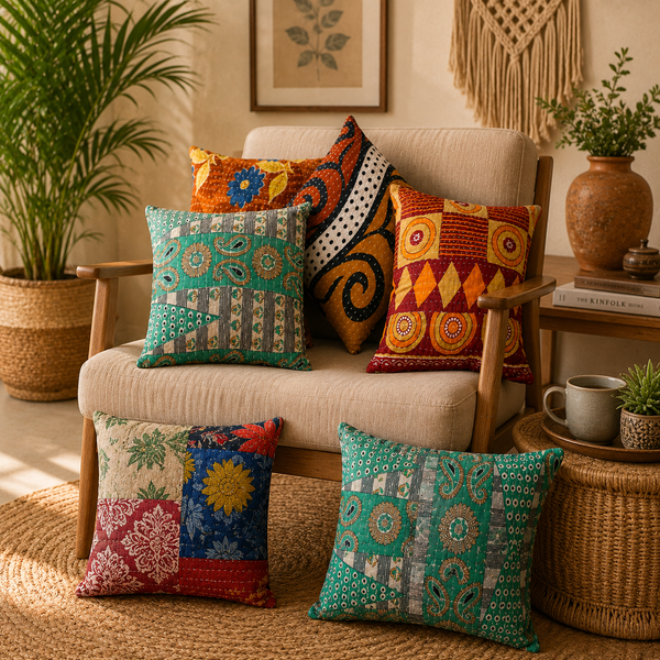 Handmade Patchwork Cushion Cover, Cotton Kantha Pillow Cover, Boho Throw Pillow Cover, Decorative Sofa Cushion Cover, Vintage Patchwork Home Decor