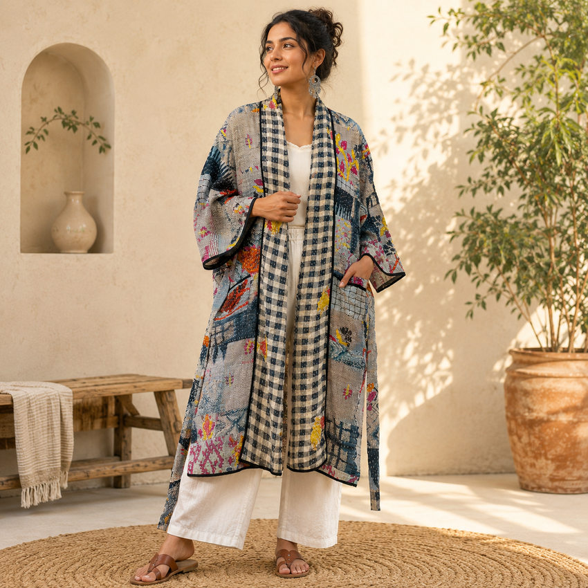 Gray Patchwork Bath Robe | Vintage Kantha Cotton Kimono | Cotton Robe Night Wear Suit | Long Robe