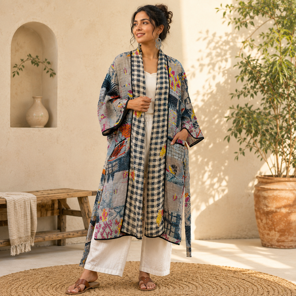 Gray Patchwork Bath Robe | Vintage Kantha Cotton Kimono | Cotton Robe Night Wear Suit | Long Robe