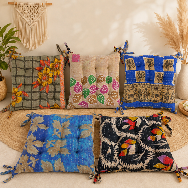 Vintage Kantha Chair Pad, Handmade Cotton Floor Cushion 5 Pcs, Indian Patchwork Seat Pad, Boho Meditation Cushion, Assorted Square Chair Mat