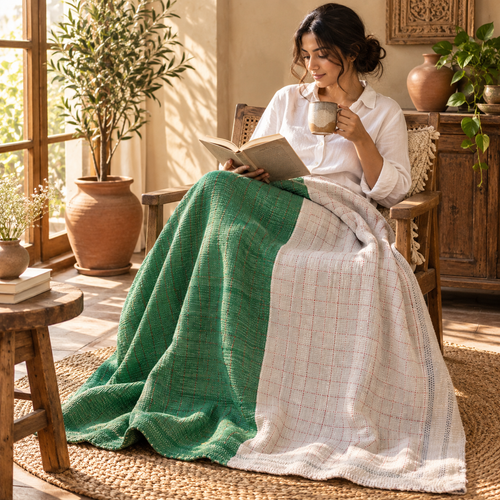 Emerald Green & White Vintage Kantha Quilt Handmade Heavy Cotton Reversible Blanket – 65x85 Inches