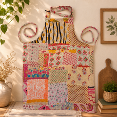 Vintage Kantha Patchwork Apron 1 Pc, Handmade Cotton Cooking Apron, Boho Recycled Sari Kitchen Apron, Indian Quilted Craft Apron