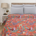 Handmade Light Orange Bird Blcok Printed Kantha Quilt