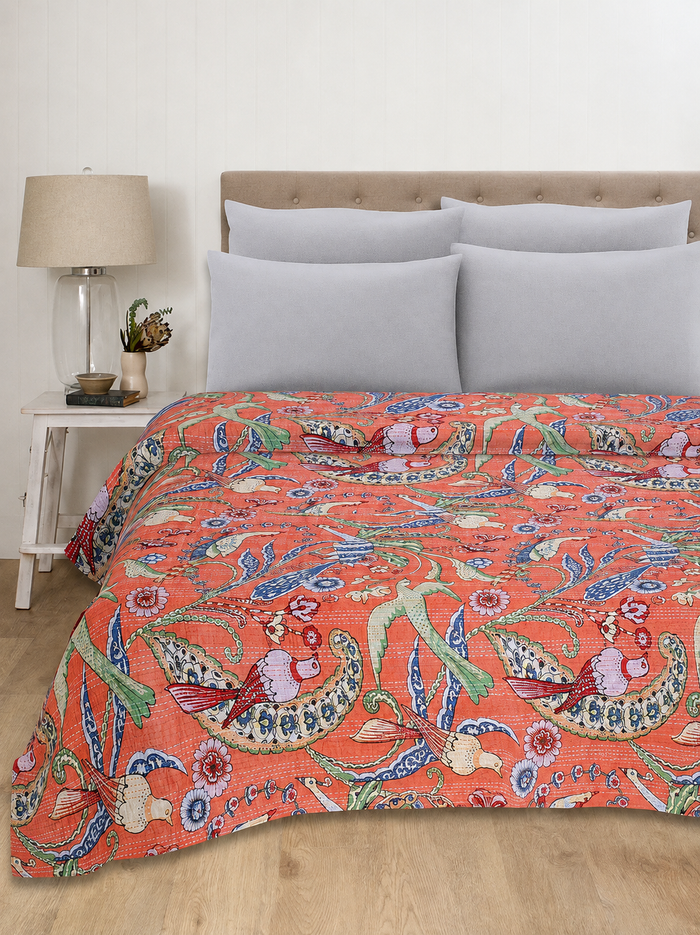 Handmade Light Orange Bird Blcok Printed Kantha Quilt