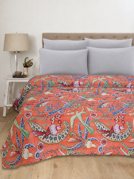 Handmade Light Orange Bird Blcok Printed Kantha Quilt