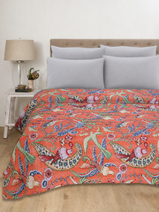 Handmade Light Orange Bird Blcok Printed Kantha Quilt