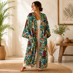 Handmade Cotton Kimono Robe for Women | Boho Floral Long Kimono | Lightweight Cotton Beach Cover Up | Resort Wear | Free Size