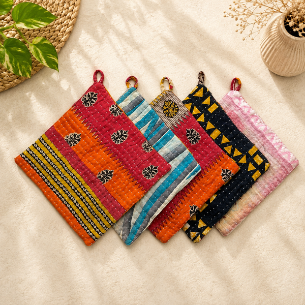 Vintage Kantha Pot Holders Set of 5, Handmade Quilted Hot Pads, Recycled Sari Kitchen Trivets, Colorful Boho Indian Potholders