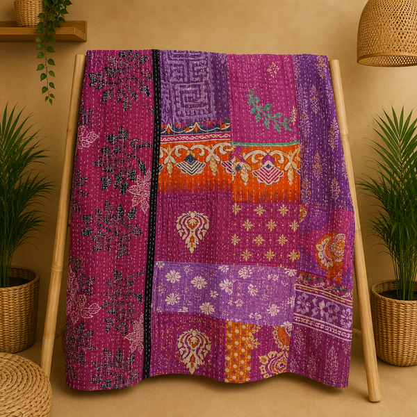 Purple Vintage Kantha Patchwork Quilt, Handmade Indian Sari Cotton Bedspread, Boho Throw Blanket, Reversible Floral Home Decor